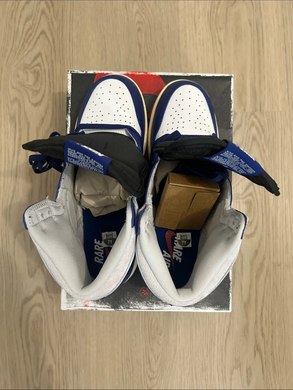 BTS Nike Rare Air Jordan 1 white/blue/red size 7Youth/8.5Women